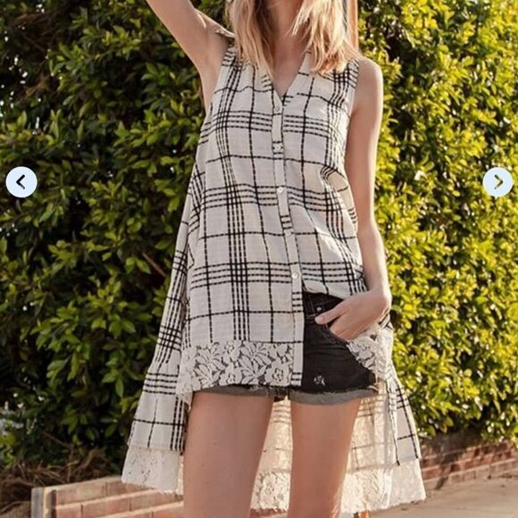 A'Reve Plaid Shirt Hi High Low White Black Lace Boho Bohemian Sz Medium Costal - Picture 1 of 10